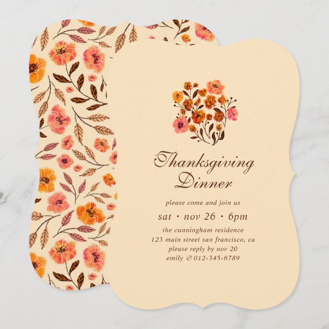 Invitation Motif de fleurs Citrouilles moderne Thanksgiving (Devant / Derrière)