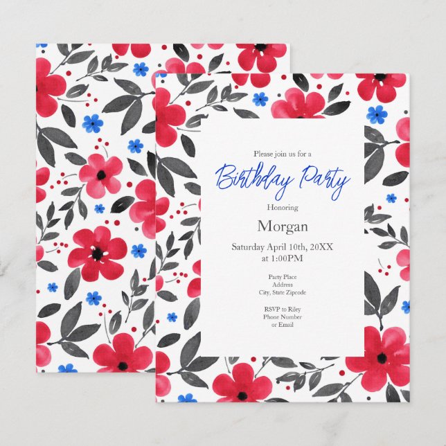 Invitation Motif de fleurs rouge, bleu, gris (Devant / Derrière)