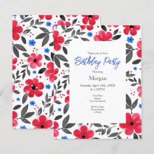 Invitation Motif de fleurs rouge, bleu, gris