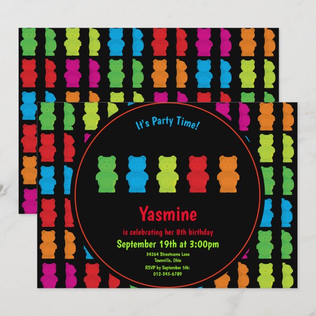 Invitation Motif de l'ours de gomme Noir d'anniversaire pour  (Devant / Derrière)