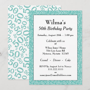 Invitation Motif de nombre aléatoire 50 sarcelle/blanc 50ème