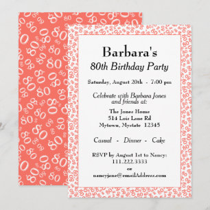 Invitation Motif de nombre aléatoire 80 Corail/Blanc 80ème