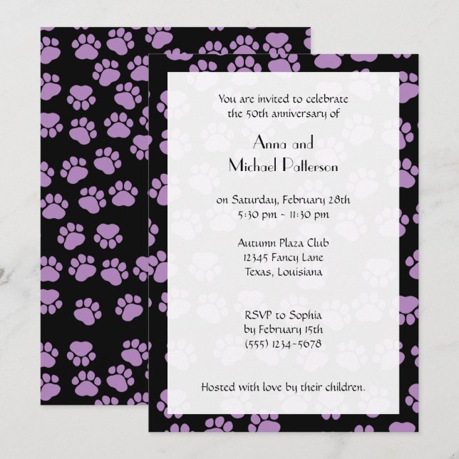 Invitation Motif de pattes, Pattes de lilas, Pattes de chien, (Devant / Derrière)
