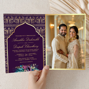 Invitation Motif de Peacock d'or violet Floral Indien Mariage