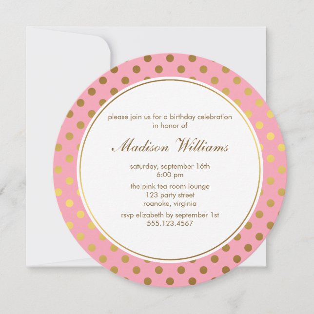 Invitation Motif de pois rose de feuille d'or de Faux (Devant)