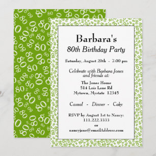 Invitation Motif des numéros vert et blanc de la fête du 80e 