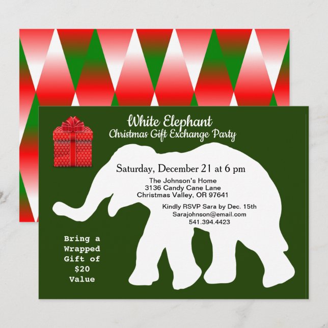Invitation Motif Diamant de Noël Eléphant Blanc Retour (Devant / Derrière)