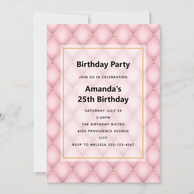 Invitation Motif Diamond Tufted Rose de luxe Anniversaire (Devant)