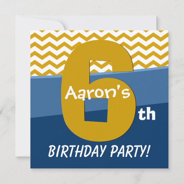 Invitation Motif D'Or De Six Ans Pour Le Garçon V06E2 (Devant)