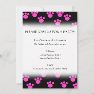 Invitation Motif Empreinte de patte noir et rose vif.