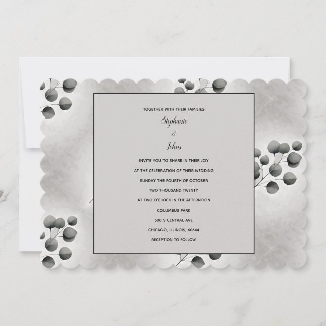 Invitation Motif Feuille Eucalyptus noir blanc gris Mariage (Devant)