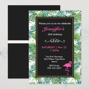Invitation Motif Feuille tropical et Flamant rose rose Annive