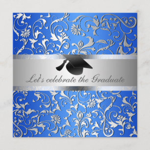 Invitation Motif Floral Argent Bleu Casquette de graduation n
