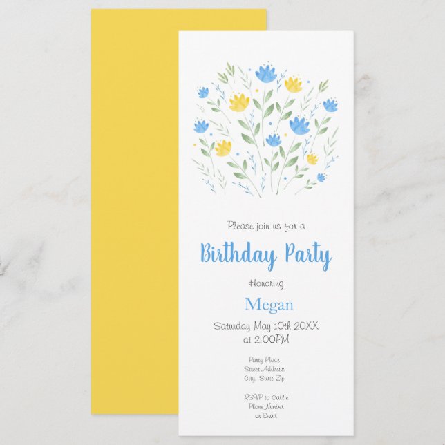 Invitation Motif floral bleu et jaune doux (Devant / Derrière)