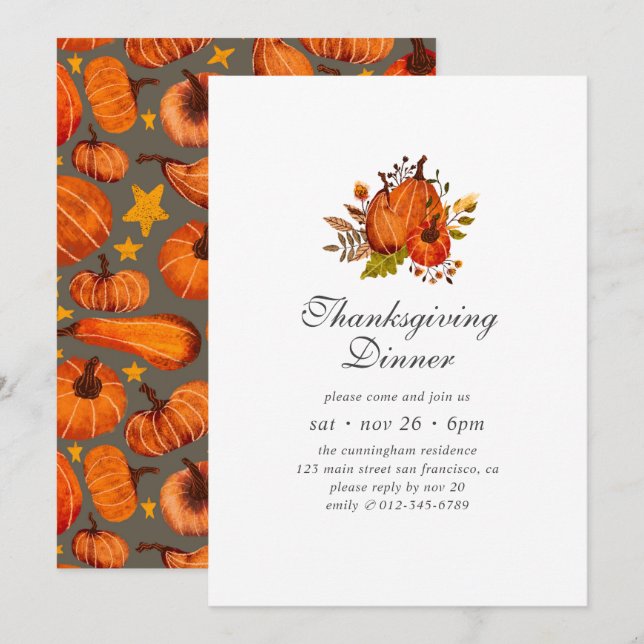 Invitation Motif Floral moderne Citrouille Thanksgiving (Devant / Derrière)
