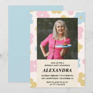 Invitation Motif floral photo rétro 74e anniversaire