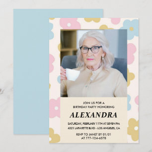 Invitation Motif floral photo rétro 98e anniversaire