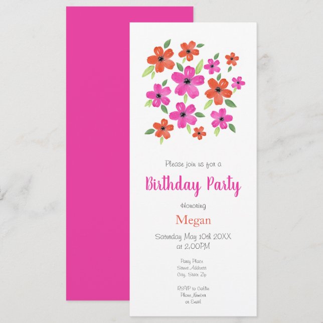 Invitation Motif floral rose et orange chaud (Devant / Derrière)