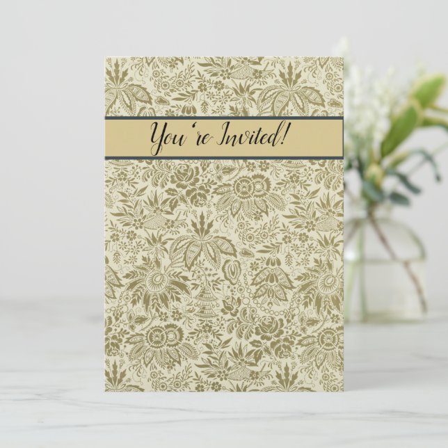 Invitation Motif Floral Vert Sage Antique Damas (Debout devant)