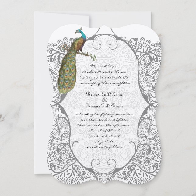 Invitation Motif Inséparable gris Whimsical Peacock Mariage (Devant)