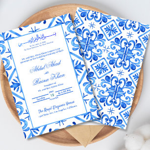 Invitation Motif islamique marocain bleu et blanc pour mariag