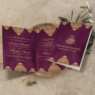Invitation Motif Islamique Or Violet Prune Mariage Musulman