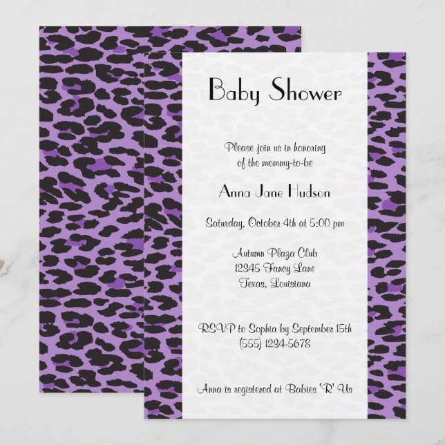 Invitation Motif léopard, léopard pourpre, Baby shower (Devant / Derrière)