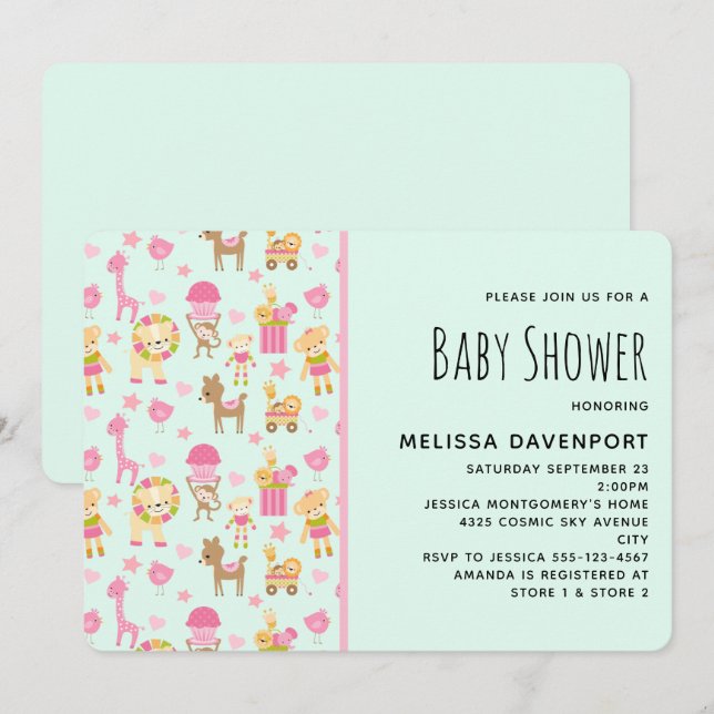 Invitation Motif mignon avec Happy Animals & Baby shower joue (Devant / Derrière)