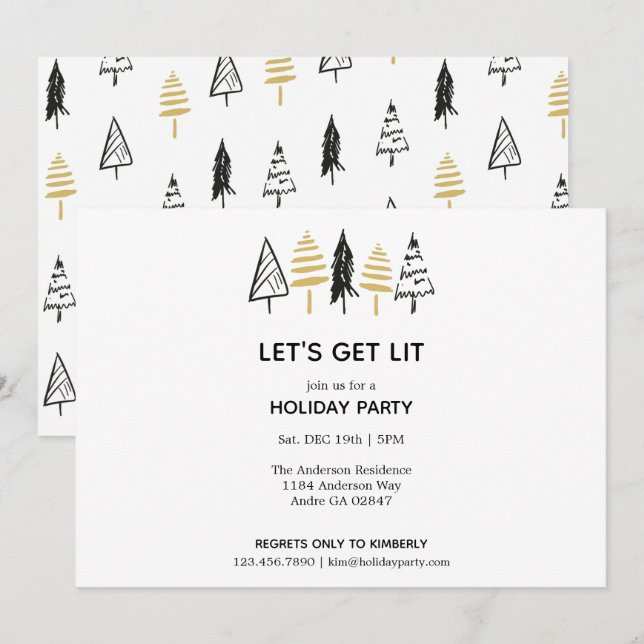 Invitation Motif moderne Black & Gold Christmas Tree (Devant / Derrière)