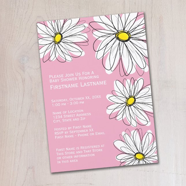 Invitation Motif moderne Chevron et marguerite bébé fille dou (Whimsical Daisy Baby Shower Invitation - Pastel Pink)