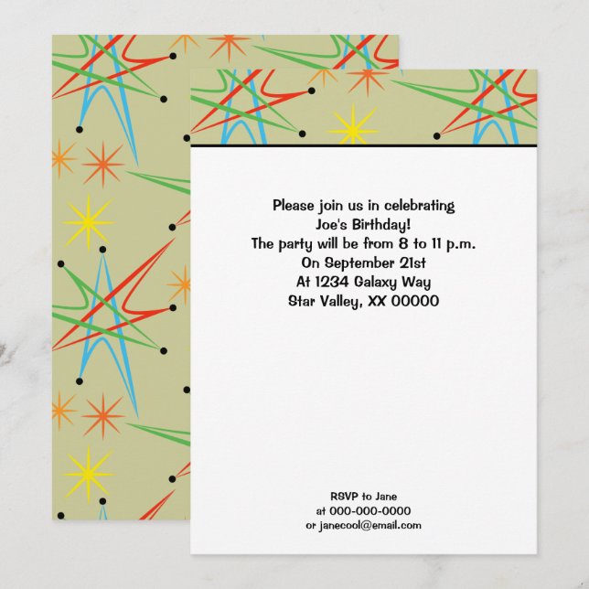 Invitation Motif multicolore Retro Atomic Starburst (Devant / Derrière)