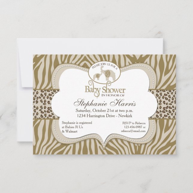 Invitation Motif neutre de léopard et de zèbre de baby shower (Devant)
