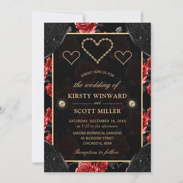 Invitation Motif noir et rouge rose et Mariage de diamants or (Devant)