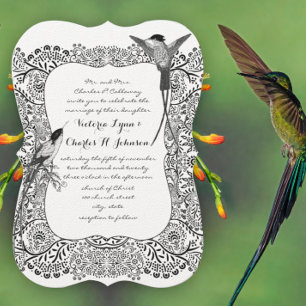 Invitation Motif oiseau-mouche romantique noir et blanc