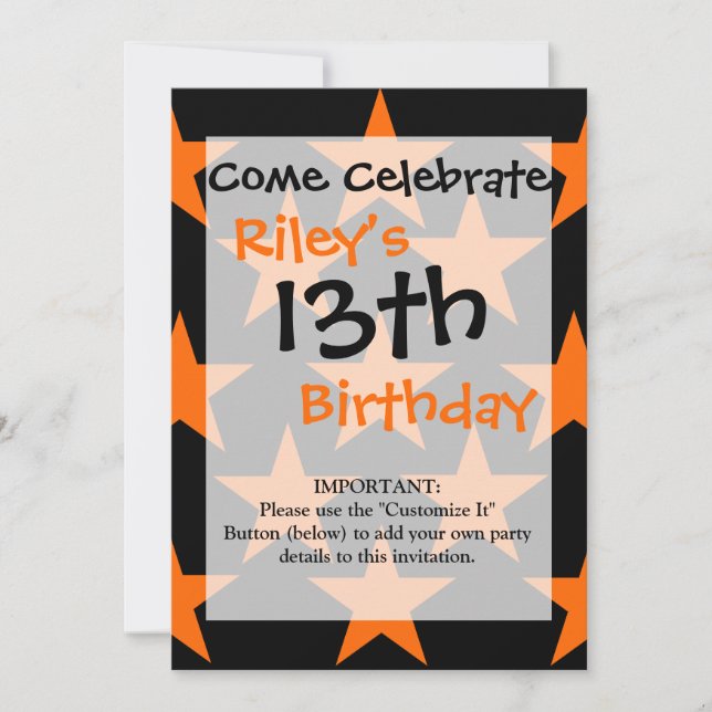 Invitation Motif Orange et Black Super Stars (Devant)