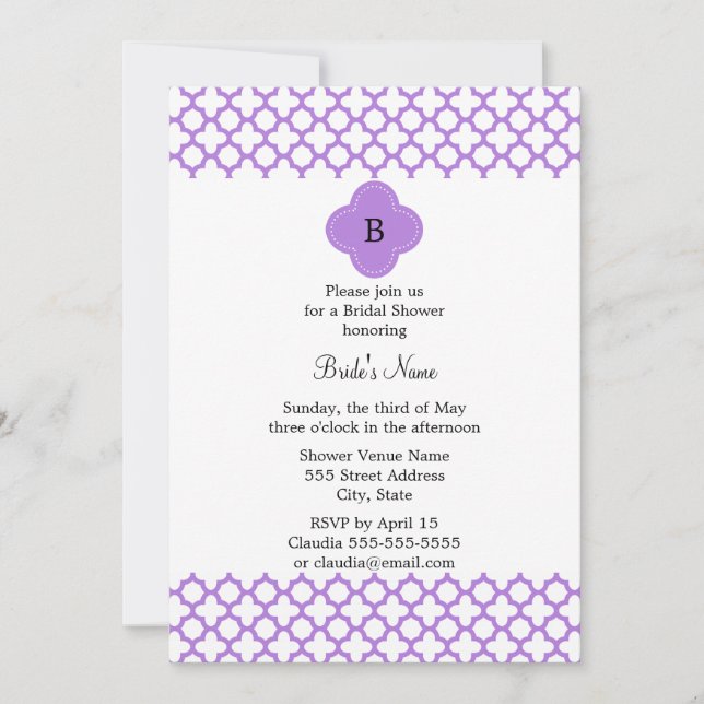 Invitation Motif Quatrefoil Monogram Lavender (Devant)
