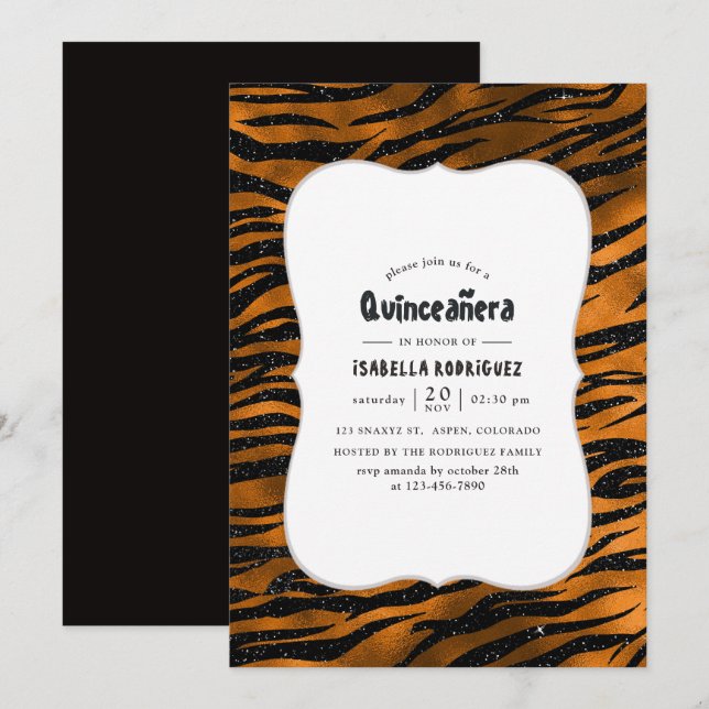 Invitation Motif Quinceanera en noir et cuivre (Devant / Derrière)