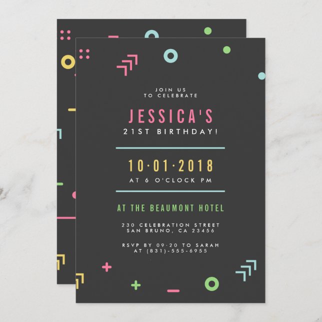 Invitation Motif rétro et typographie moderne fête d'annivers (Devant / Derrière)