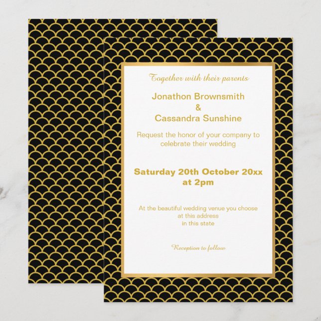 INVITATION MOTIF SIMPLE & ÉLÉGANT OR NOIR MERMAID ÉCHELLE (Devant / Derrière)