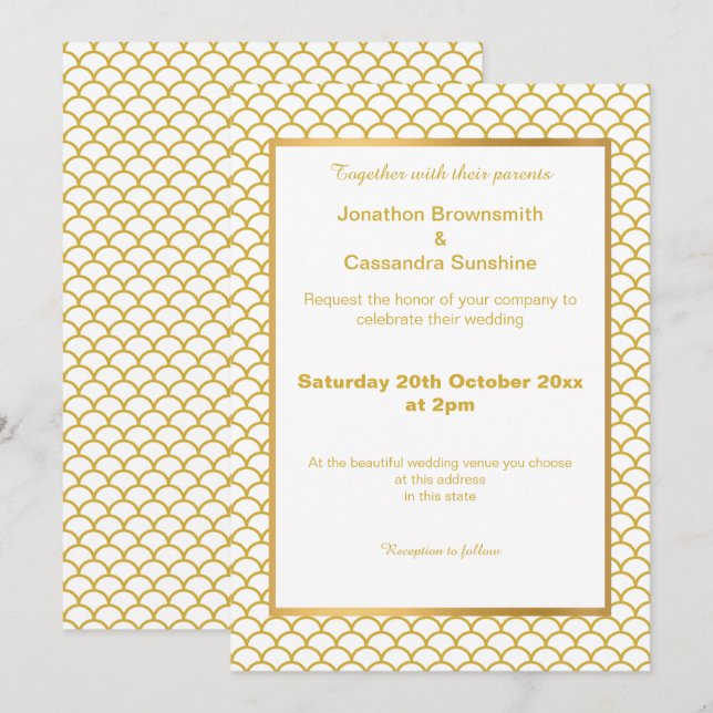 INVITATION MOTIF SIMPLE ET ÉLÉGANT OR BLANC MARMAID ÉCHELLE (Devant / Derrière)