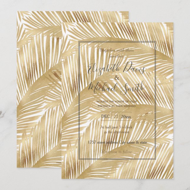 Invitation Motif Tropical de feuille d'or moderne (Devant / Derrière)