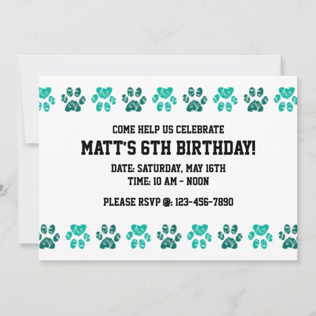 Invitation Motif turquoise d'empreinte de patte dans Teal - (Devant)