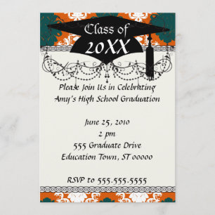 Invitation motif turquoise orange blanc damassé