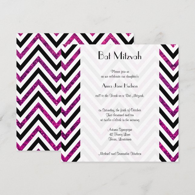 Invitation Motif Zigzag, Chevron, Parties scintillant rose, B (Devant / Derrière)