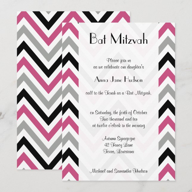 Invitation Motif Zigzag, Motif Chevron, Rose, Bat mitzvah (Devant / Derrière)