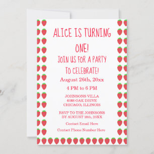 Invitation Motifs fraises 1er anniversaire fête 1 âge personn