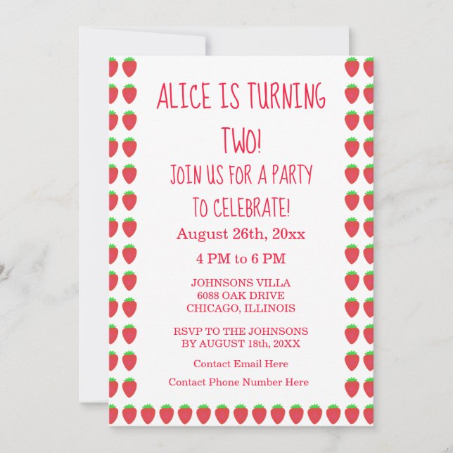 Invitation Motifs fraises 2e anniversaire fête âge personnali (Devant)
