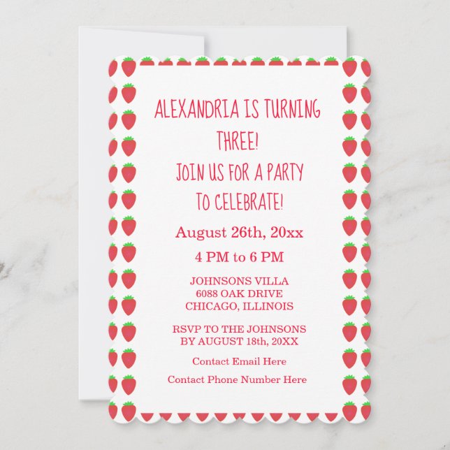 Invitation Motifs fraises 3e anniversaire fête âge personnali (Devant)