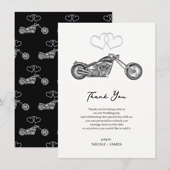 Invitation Moto Coeurs Noir et Argent Biker Merci (Devant / Derrière)