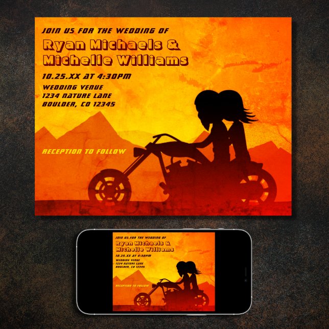 Invitation Moto Couple Mountain Sunset Mariage (Printed and Digital Motorcycle Couple Mountain Sunset Wedding Invitation)